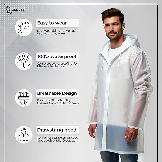 Robustt Unisex Raincoat With Hood - Transparent (Pack of 1) | Waterproof Rain Poncho | EVA Material | Reusable | Lightweight | Fashionable | Universal Size | Raincoat for Men and Women
