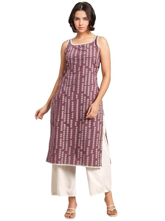 rytras Women's Cotton Printed Straight Sleeveless Kur