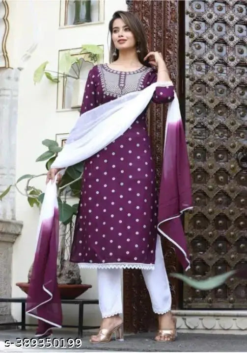 Rayon Printed Kurta Set With Dupatta  Kurta Fabric : Rayon  Bottomwear Fabric : Rayon  Sleeve Length : Three-Quarter Sleeves  Pattern : Printed