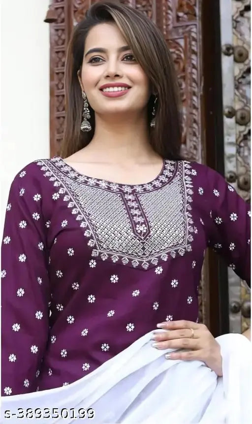 Rayon Printed Kurta Set With Dupatta  Kurta Fabric : Rayon  Bottomwear Fabric : Rayon  Sleeve Length : Three-Quarter Sleeves  Pattern : Printed