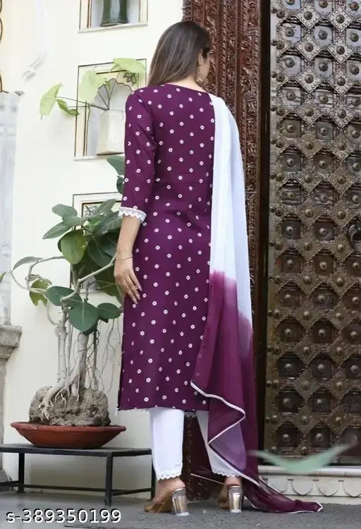Rayon Printed Kurta Set With Dupatta  Kurta Fabric : Rayon  Bottomwear Fabric : Rayon  Sleeve Length : Three-Quarter Sleeves  Pattern : Printed